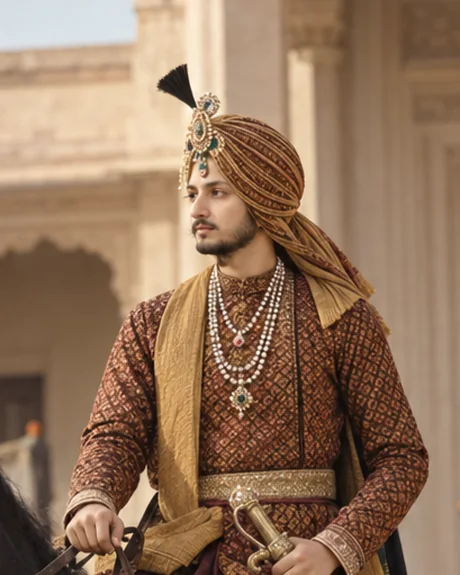 Raja Ajit Singh of Ladwa mounted on a black horse in the courtyard of his fort, in patterned robes and a gold turban