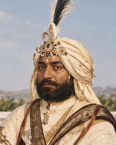 Ajit Singh Sandhanwalia in a cream turban with a jewelled sarpech and black plume, a baldric across his shoulder