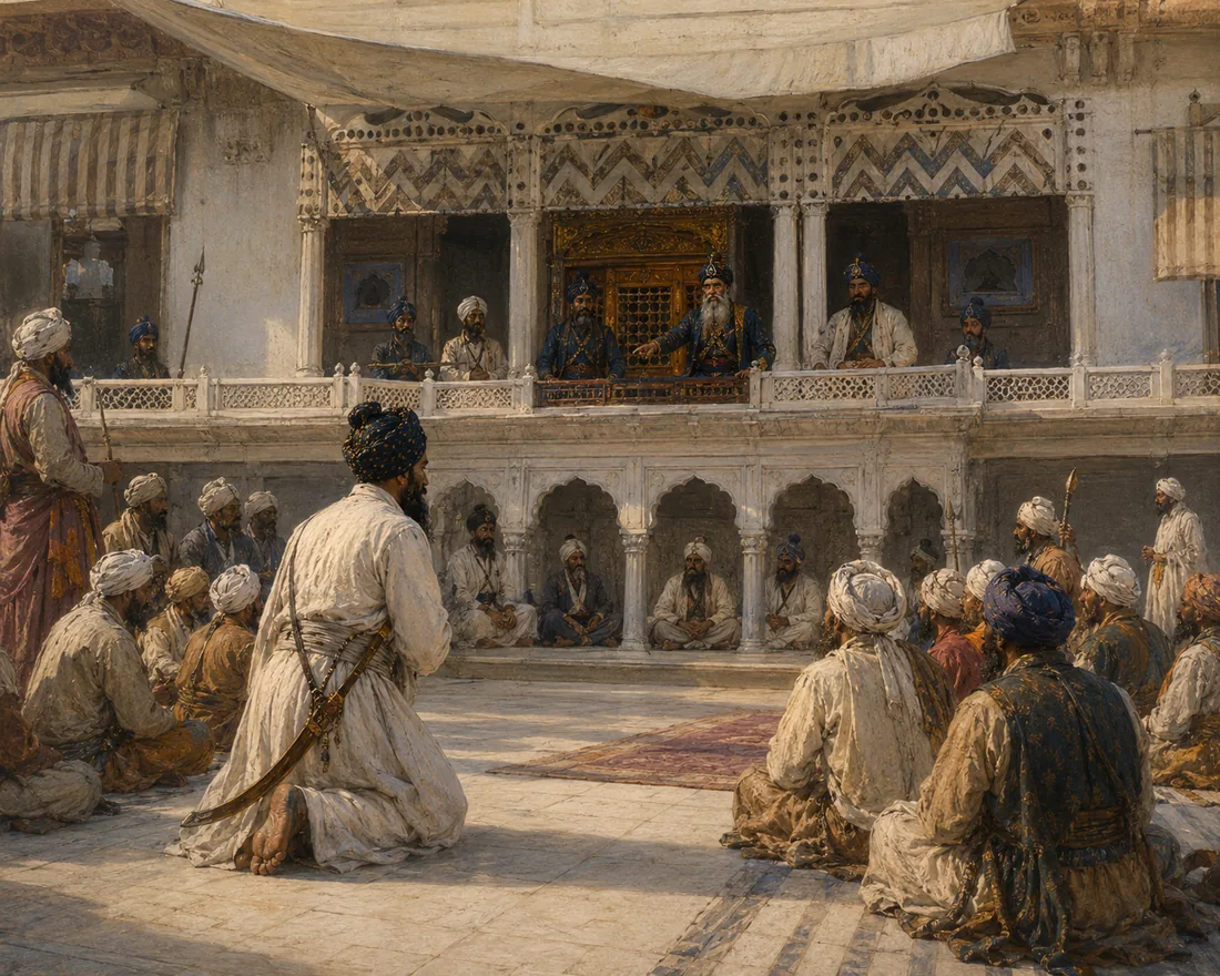 Painting of a sovereign kneeling bareheaded on the marble parikrama before the Akal Takht at Amritsar, sword slung at his side, while the Jathedar addresses him from the balcony above and the assembled sangat looks on