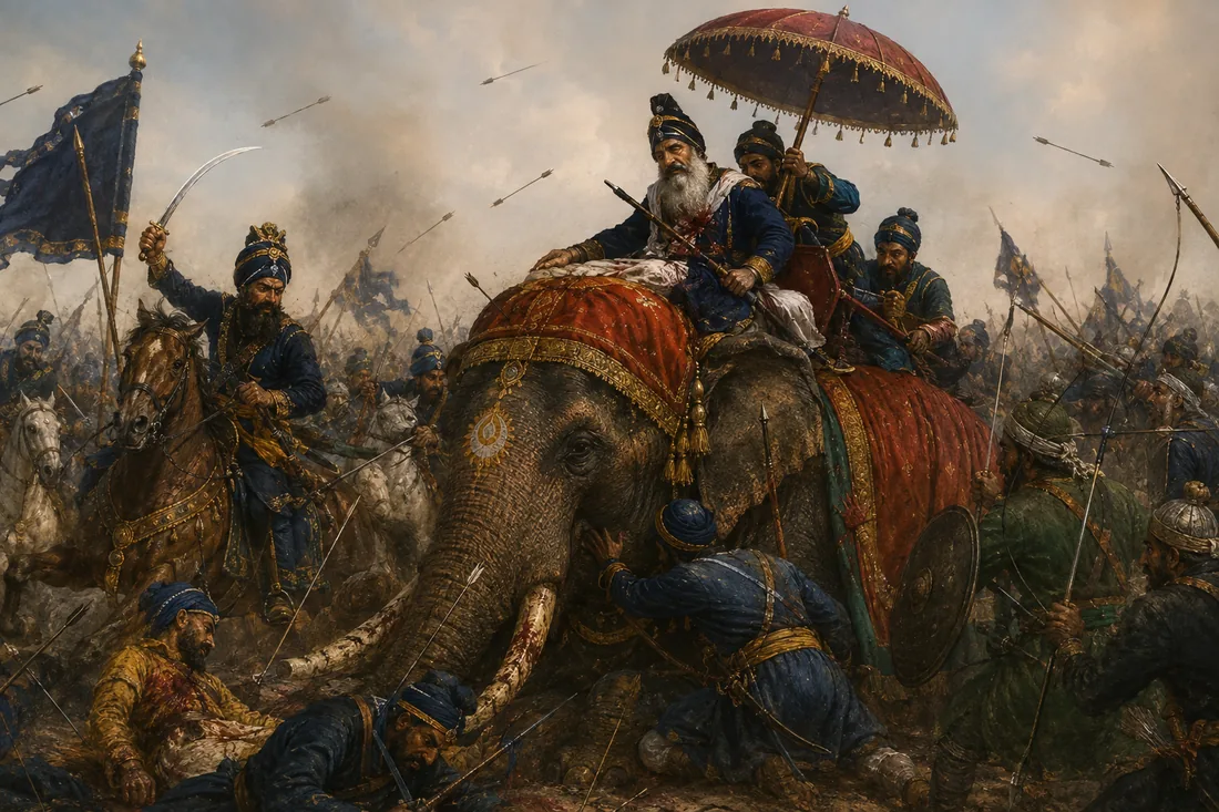 Painting of the Battle of Nowshera: a wounded Nihang commander in blue upright on a caparisoned elephant amid arrows and spears, a canopy held over him, cavalry and infantry of the Khalsa closing around the fallen
