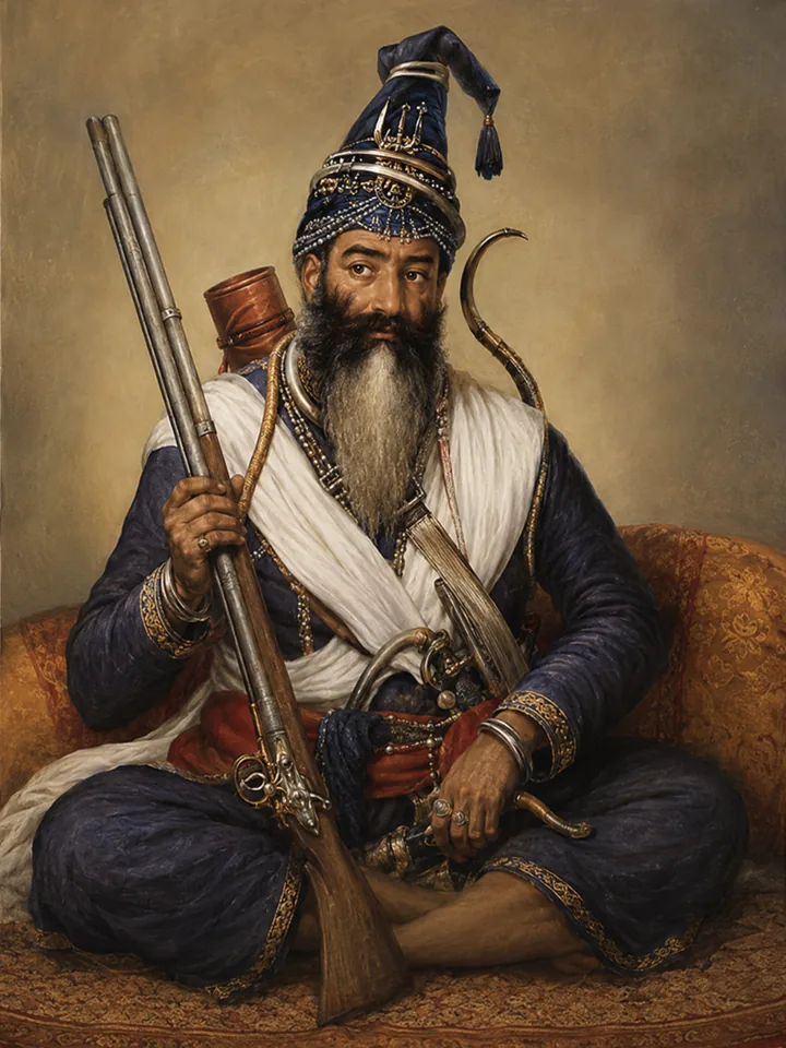 Akali Phula Singh, imagined: a Nihang seated cross-legged in blue bana and tall dumala with chakkars, holding a matchlock, bow and quiver behind him