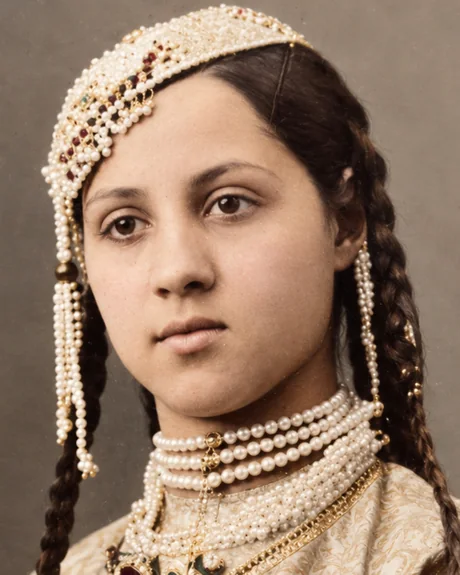 Bamba M&uuml;ller in embroidered Indian dress with a pearl headpiece and layered pearl necklaces