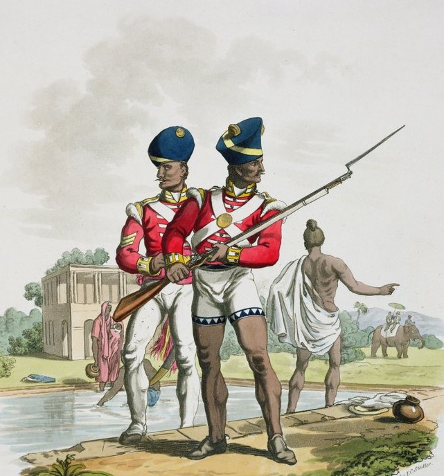 A Sergeant and a Private Grenadier Sepoy of the Bengal Army — aquatint by Charles Hamilton Smith, 1815. The Bengal Native Infantry uniform that would be worn at Sobraon and Moodkee.