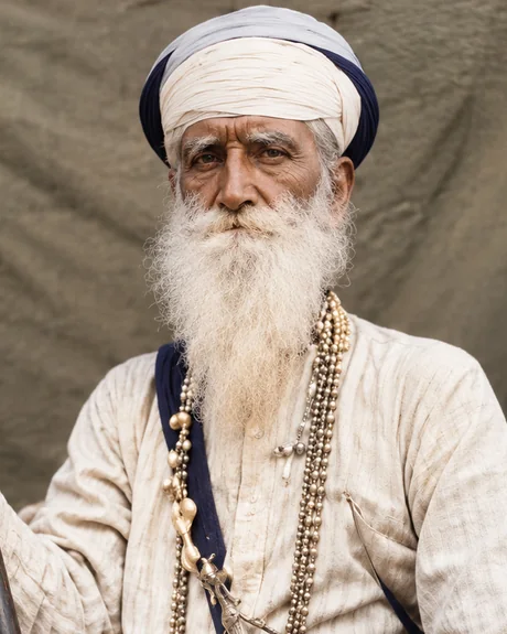 Bhai Maharaj Singh seated cross-legged in plain white with a white turban, long white beard and a staff