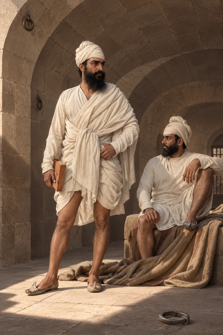 Two Sikh prisoners in white in the vaulted stone corridor of a colonial jail, one standing with a book, one seated