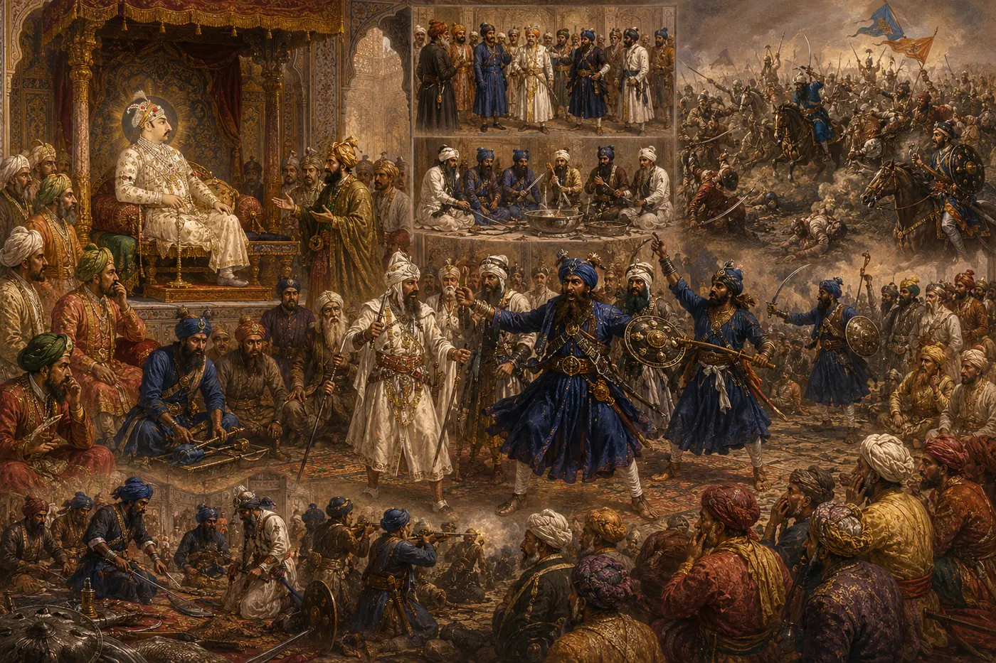 The impersonators perform before the imperial court at Delhi: the emperor enthroned at left with his Wazir presenting, hired bhands costumed as Khalsa Singhs performing in the centre with weapons raised, courtiers watching, and the mock battle unfolding at right