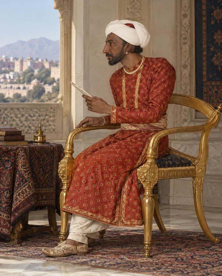 Diwan Bhawani Das seated in profile in a gilt chair, wearing a white turban and a red and gold brocade robe with a pearl necklace, reading a paper beside a carpet-covered table