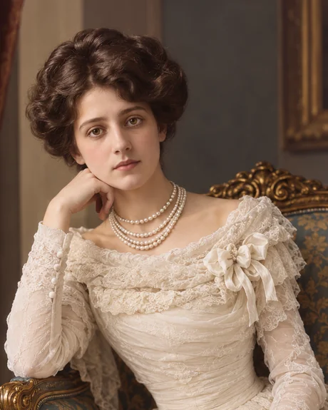 Princess Ada Irene Beryl in a lace gown with a pearl necklace, seated in a gilt chair