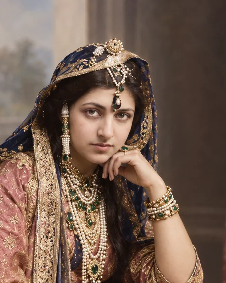 Princess Bamba Sofia Jindan in a gold-worked dupatta and Indian dress with emerald and pearl jewellery