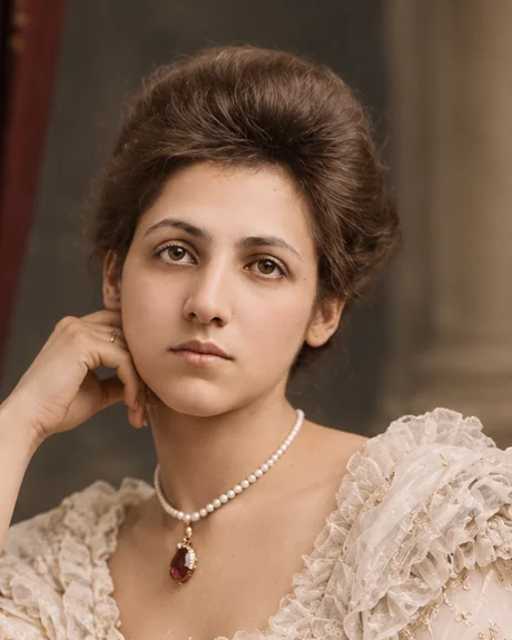 Princess Catherine Hilda in a lace evening gown with a pearl necklace and ruby pendant