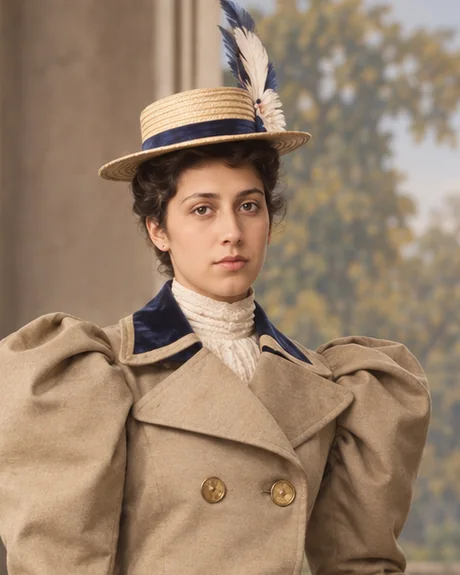 Princess Sophia Alexandra in a tailored travelling coat and feathered straw hat