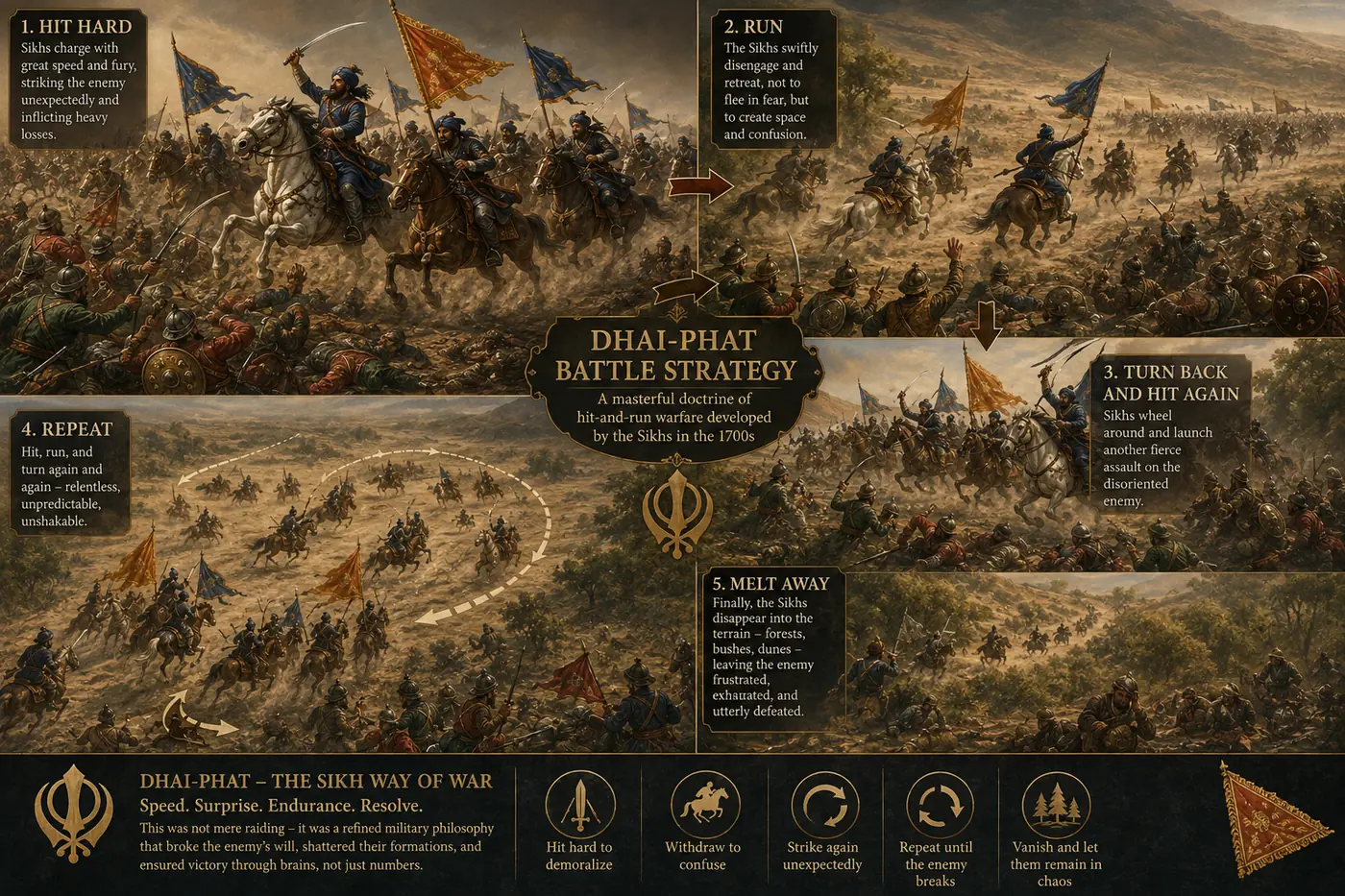 The dhai phat cycle illustrated in five stages: hit hard, run, turn back and hit again, repeat, and melt away into the terrain
