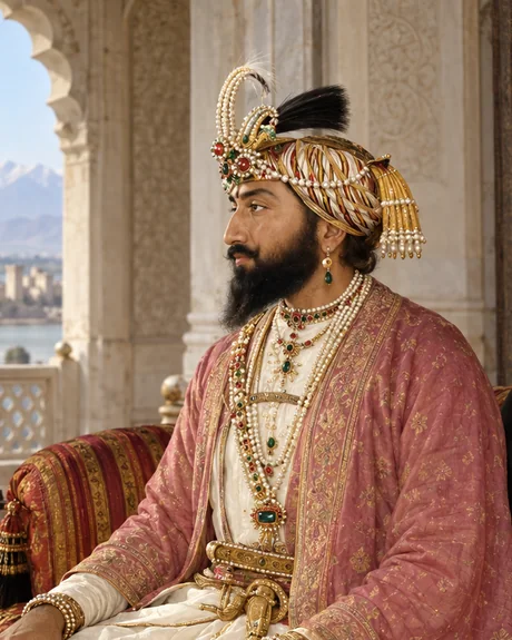Dhian Singh Dogra, wazir of Lahore, seated in a rose shawl and white robes with a jewelled and plumed turban