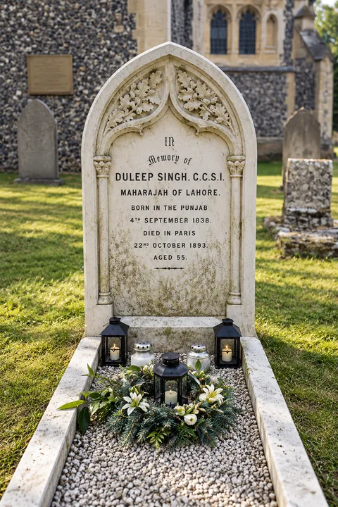 The grave of Duleep Singh at Elveden: a white Gothic headstone carved with oak leaves, inscribed to Duleep Singh CCSI Maharajah of Lahore, with lanterns and flowers laid on the gravel before it