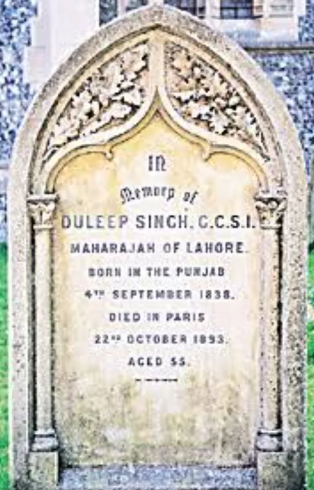 The gravestone of Maharaja Duleep Singh at St Andrew and St Patrick&rsquo;s Church, Elveden, Suffolk, inscribed Maharajah of Lahore, born in the Punjab 4th September 1838, died in Paris 22nd October 1893, aged 55