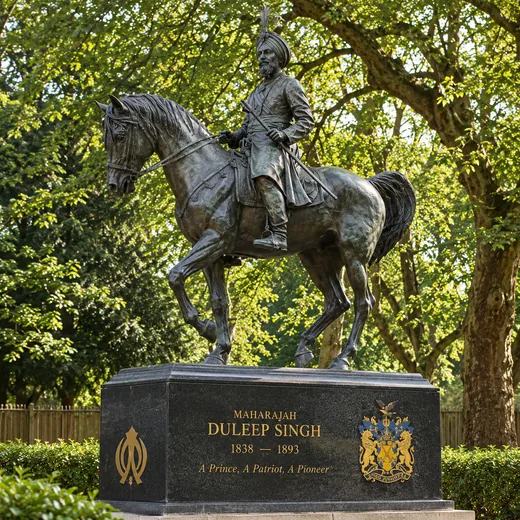 Bronze equestrian memorial to Duleep Singh: the Maharaja in Sikh dress and plumed turban on a walking horse, on a black granite plinth inscribed with his name and dates