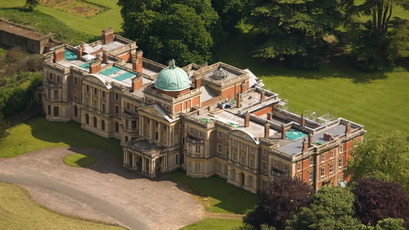 Aerial view of Elveden Hall, Suffolk, the Italianate country house rebuilt by Maharaja Duleep Singh