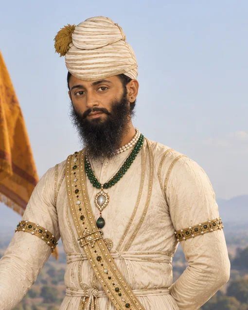 Raja Fateh Singh Ahluwalia standing in cream jama and gold-bordered sash, with emerald and pearl necklaces, a sword at his side and a standard behind him