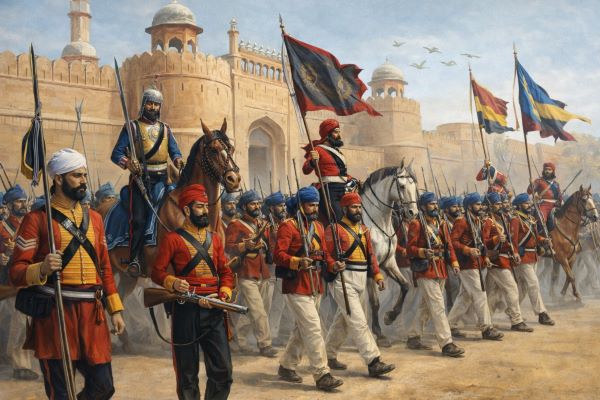 The Fauj-i-Ain parading outside the Gobindgarh Fort, Amritsar — Khalsa regular army with European-drilled infantry in red coats alongside traditional cavalry