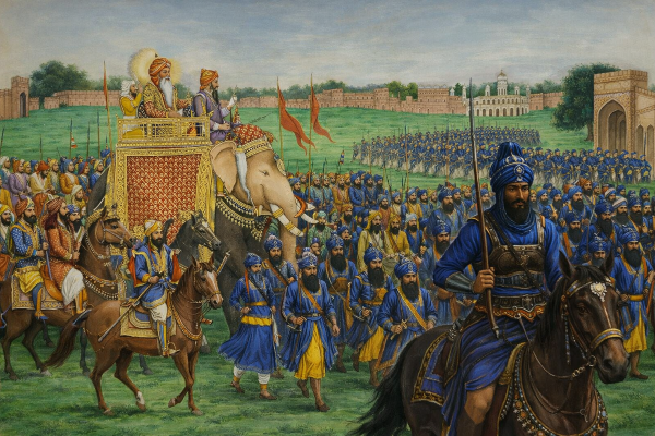 Maharaja Ranjeet Singh riding to Ferozepur for a meeting with Lord Auckland at Ferozepur. The entourage included the European trained regiments and also the Nihang batallions.