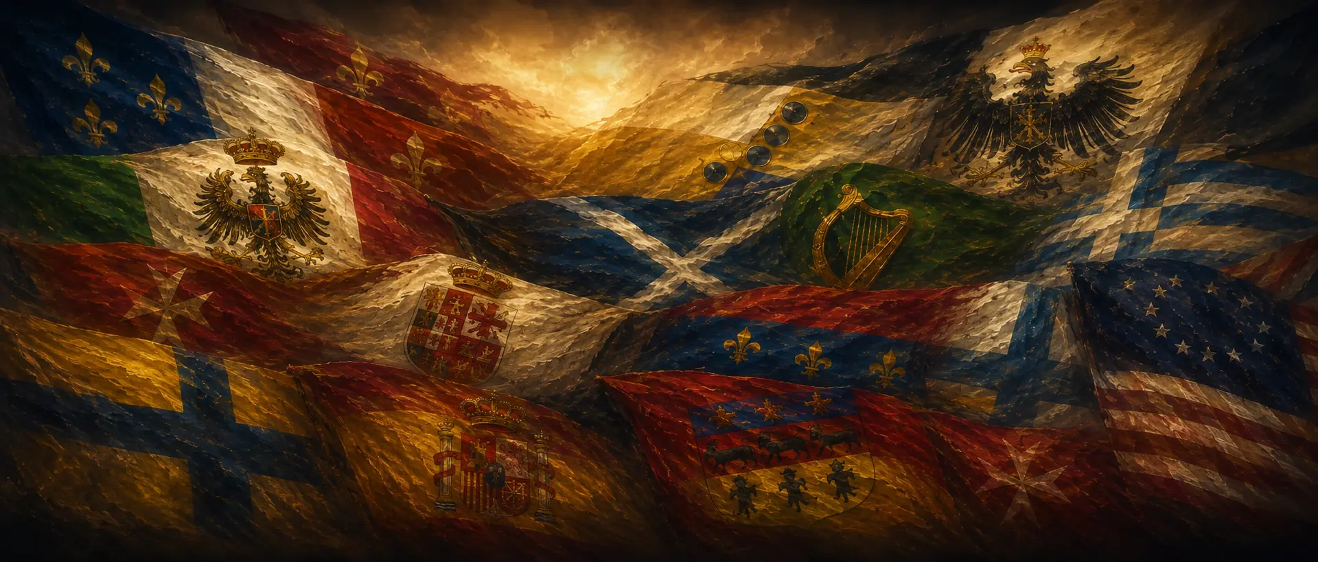 Flags of the states the foreign officers came from — the Bourbon fleur-de-lis and French tricolour, the arms of Modena and of Naples, Spain, Prussia, Ireland, Scotland, Greece, the Netherlands and the United States