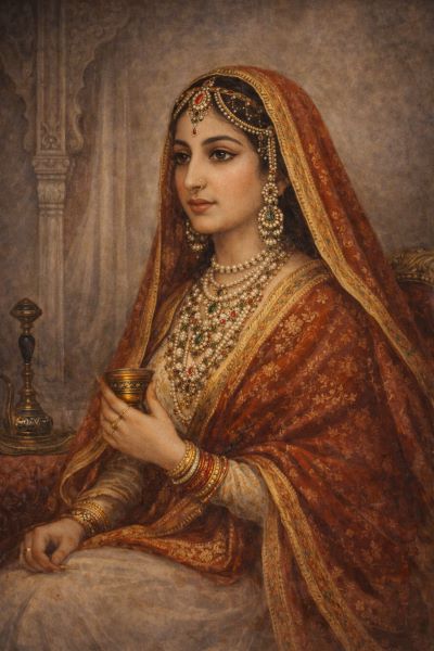 Gul Bahar Begum — Muslim wife of Ranjit Singh, holding a gold cup