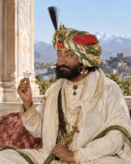 Gulab Singh of Jammu seated in white robes with a green and white turban, holding a flower, a shield propped behind him