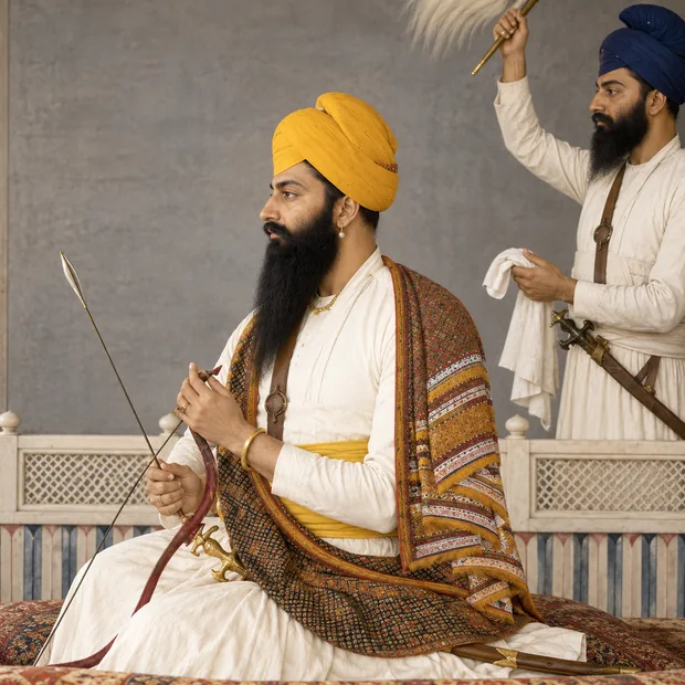 Gurbaksh Singh Kanhaiya seated in white with a yellow turban, holding a bow and arrow, a fly-whisk attendant behind him