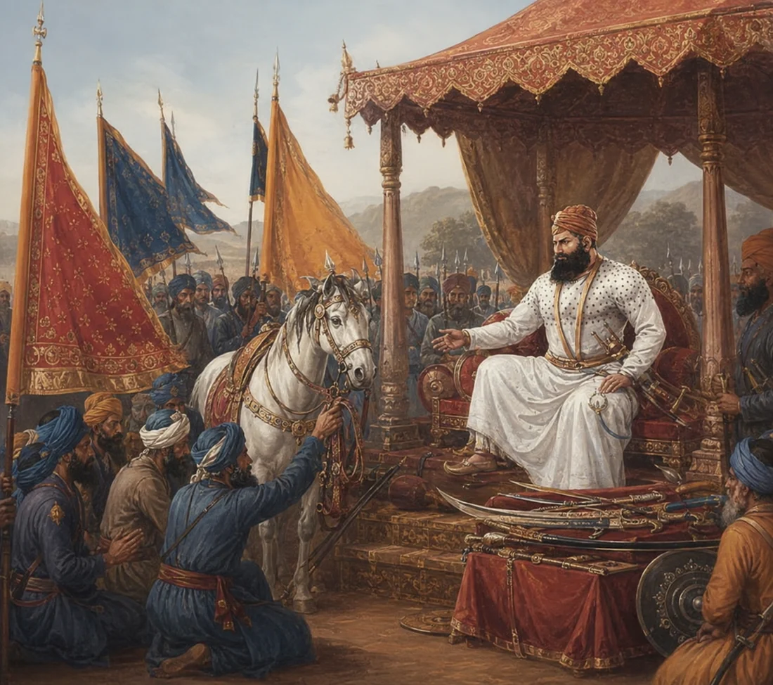 The darbar of Guru Hargobind: followers presenting a horse and arms before the Guru, with the standards of the Akal Sena behind and weapons laid out on the dais