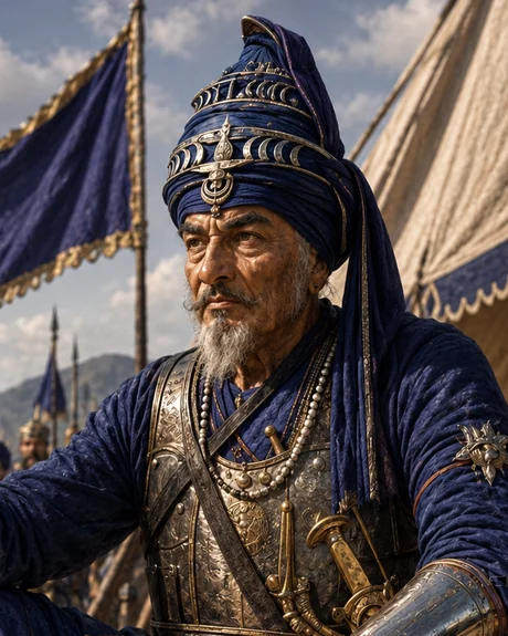 Baba Hanuman Singh, an elderly Nihang in blue bana and a tall dumala, seated in a camp with a spear in his hand and standards behind him