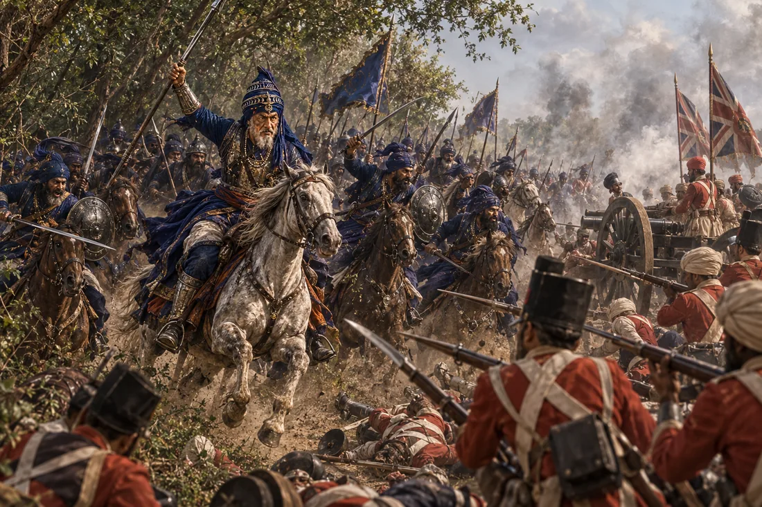 Painting of the last stand at Sohana: an aged Nihang Jathedar in blue, spear raised, leading a cavalry charge out of scrub woodland into the flank of a gun position defended by red-coated Company infantry