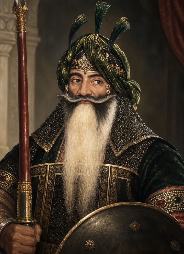 Hari Singh Nalwa in mail and plate armour, wearing a green and gold turban with plumes, holding a spear and a shield