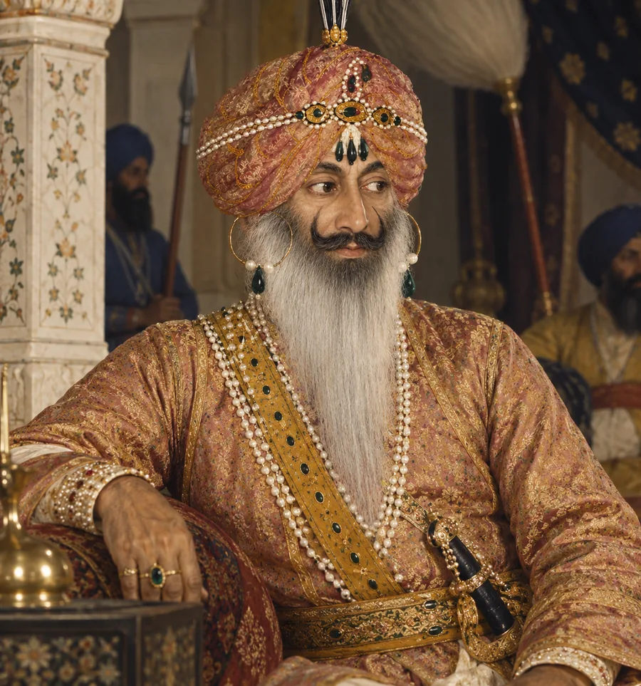 Hari Singh Nalwa seated in court dress in a marble darbar hall, in brocade and pearls with emerald-set jewellery, attendants behind him