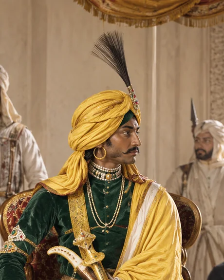 Hira Singh, wazir of Lahore, seated in dark green velvet with a yellow turban and sash, attendants standing behind