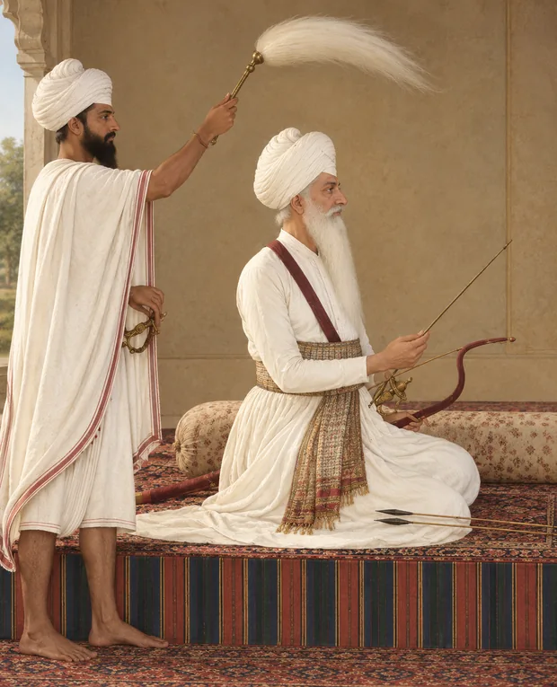 Jai Singh Kanhaiya, white-bearded and seated in white, holding a bow, a fly-whisk attendant standing behind him