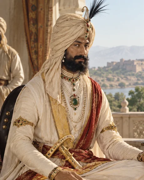 Jawahar Singh Aulakh, wazir of Lahore, in a cream turban with a black plume and strands of pearls and emeralds