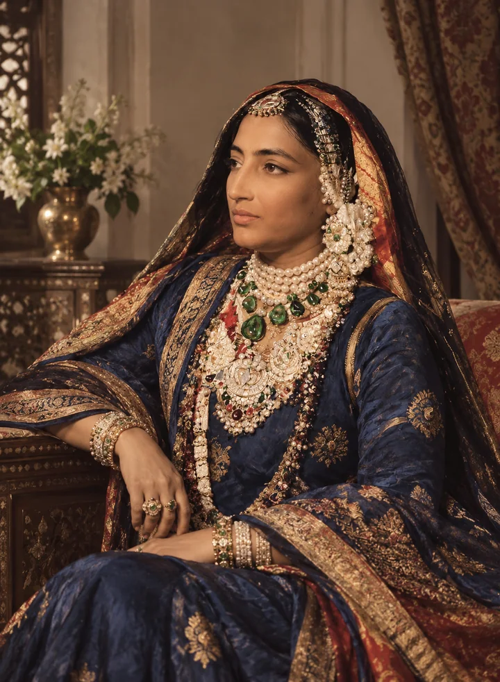 Rani Jindan Kaur seated in blue and gold court dress with an embroidered veil and layered pearl and emerald necklaces
