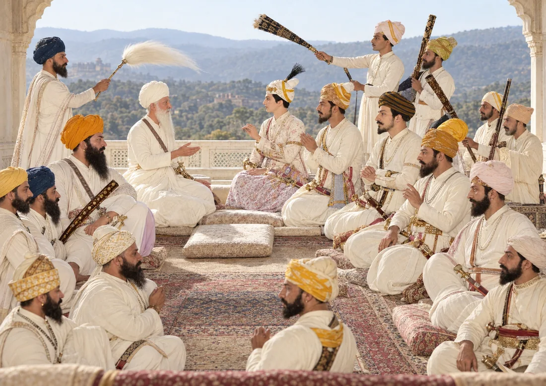 The Kanhaiya sardar in council on a hill-fort terrace with the Katoch raja and the chiefs of the hill states seated around him