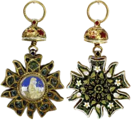 Portrait miniature in gold set with diamonds — khilat of the Lahore Darbar, Sikh Empire. Obverse and reverse.