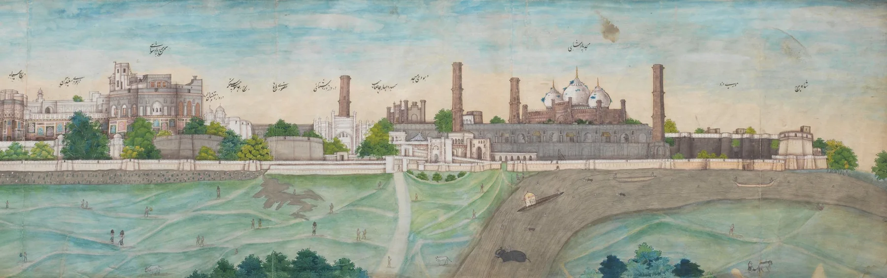 A painted panorama of the Lahore Fort seen from across the Ravi: palaces, bastions and gateways along the river wall, the domes and minarets of the Badshahi Mosque, and figures, boats and an elephant on the riverbank, with the gates and towers labelled in Persian