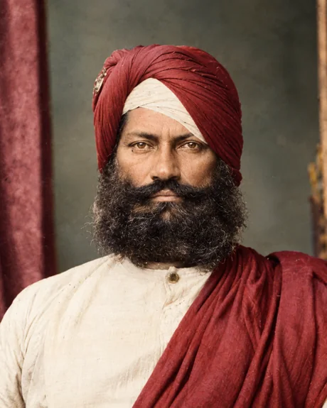 Lal Singh, wazir of the Lahore Darbar, in a crimson and white turban and a crimson shawl over a plain white tunic