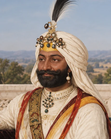 Lehna Singh Sandhanwalia in a white turban with a gold band, jewelled sarpech and black plume, wearing pearl strands and an emerald pendant