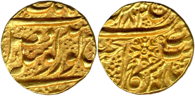 VS 1863 Amritsar Arsiwala gold mohur — the Ber flower device at the highest denomination, confirming the Arsiwala series extended to the gold mohur