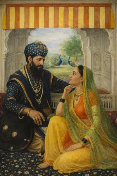 Ranjit Singh and Moran — 19th century painting showing the Maharaja with the courtesan, two peacocks visible in the garden behind them through a Mughal arch