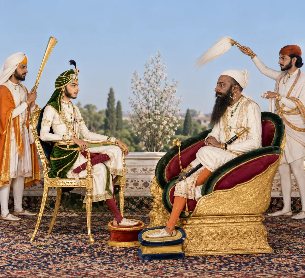 A digital recreation of an audience in a palace garden: a young prince in a green turban with a black plume seated on a gilt chair facing an older bearded man in white on a green and crimson velvet throne, with attendants holding a mace and a white whisk behind them