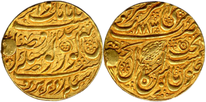 Sikh Empire nazarana mohur — presentation-quality gold coin used as a court honour. Obverse and reverse.