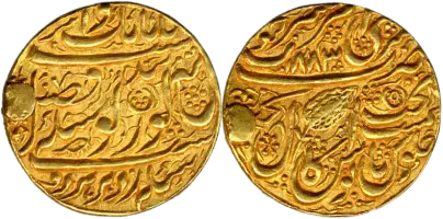 Sikh Empire nazarana mohur — presentation-quality gold coin used as a court honour. Obverse and reverse.