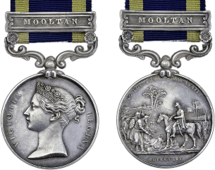 The Punjab Medal 1848–49 — obverse showing Victoria Regina and reverse showing General Gilbert receiving the Sikh surrender at Rawalpindi.