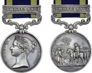 The Punjab Medal 1848–49 — obverse showing Victoria Regina and reverse showing General Gilbert receiving the Sikh surrender at Rawalpindi.