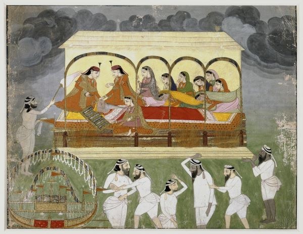 The funeral of Maharaja Ranjit Singh, June 1839 — a period painting showing the bier carried by mourners, with the women who performed Sati seated on the canopied palanquin above. Katochan is among those depicted.